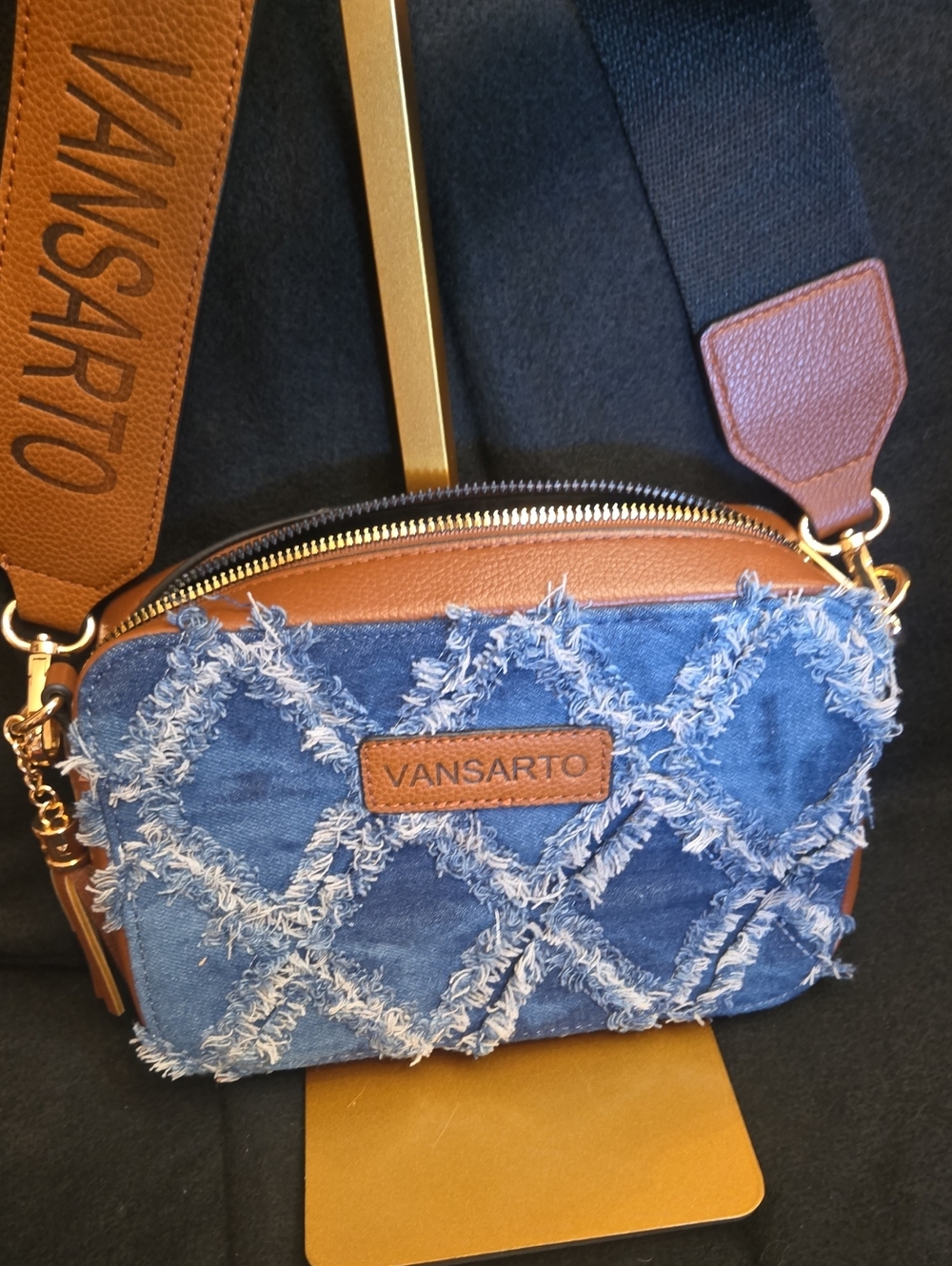Blue Denim Crossbody Bag with Brown Trim